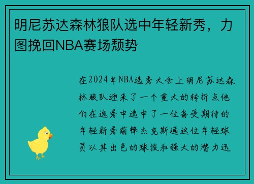 明尼苏达森林狼队选中年轻新秀，力图挽回NBA赛场颓势